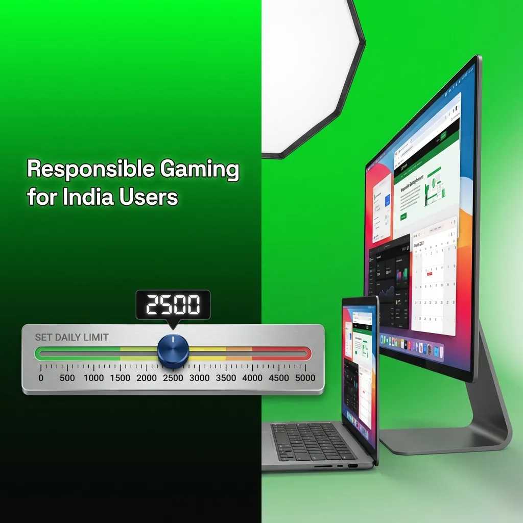 Illustration promoting responsible gaming for India users with icons for limits, breaks, time tracking, and support.