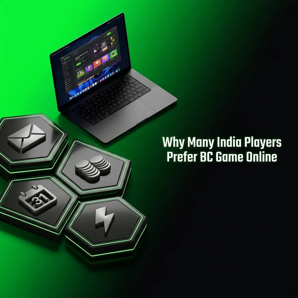 Illustration of BC Game online platform showing sports betting, casino games, crypto and UPI payment options for India players